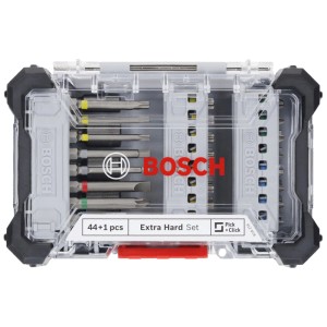 Set di inserti per avvitatura Bosch Extra Hard, 45 pezzi in custodia trasparente con inserti colorati.