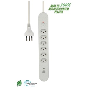 Schönenberger Steckdosenleiste Relife Weiss mit 6 T13 Steckdosen, USB-Anschlüssen und 1,8 m Kabel.