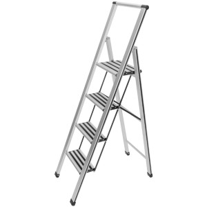 Scala pieghevole in alluminio argento con 4 gradini e barra di sicurezza, ideale per uso domestico.