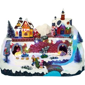 Figurine OBI Village de Noël, illuminée multicolore. Scène détaillée avec maisons, Père Noël, choristes et voitures dans la neige.