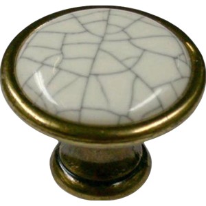 Pomello 1700, ottone anticato brunito, pomello per mobili in metallo con superficie in ceramica bianca.