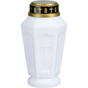 Weisses Mica LED-Grablicht aus facettiertem Kunststoff mit Kreuz-Motiv und gold-schwarzem Deckel. Für den Aussenbereich.