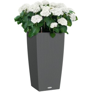 Pot de fleurs Lechuza Cubico Cottage, 40x40x75 cm, granite, avec hortensias blancs.