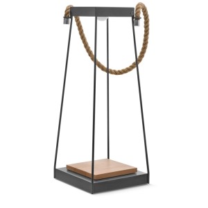 Lampada LED Ambiance Samos: Lanterna antracite con struttura in metallo, base in legno e manico in corda.