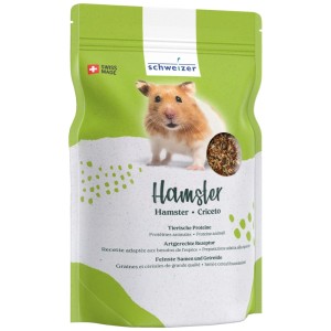 Eric Schweizer Hamster Food 900g: Mangime complementare con immagine di criceto e anteprima ingredienti.