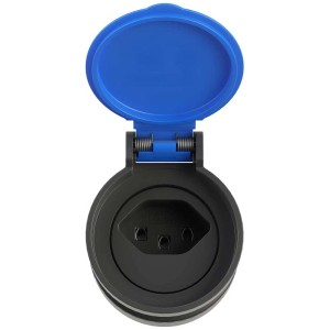 Blaue/schwarze T23 Montagekupplung IP55 für den Außenbereich mit geöffnetem Klappdeckel.