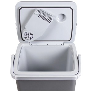 Frigorifero portatile Kibernetik KB25 grigio, 32L, aperto con unità di raffreddamento termoelettrica nel coperchio.