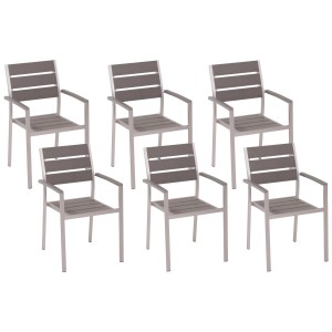 Set 6 sedie da giardino Beliani Vernio grigie in legno sintetico e alluminio, impilabili.