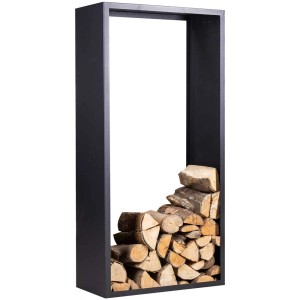 Range-bûches Nova 150 A en acier anthracite, partiellement rempli de bois.