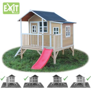 EXIT Loft 350 cabane en bois naturel avec toboggan et escalier pour enfants.
