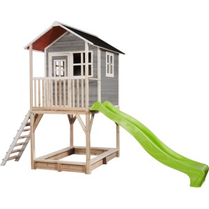Maisonnette en bois grise EXIT Loft 700 avec toboggan et bac à sable.