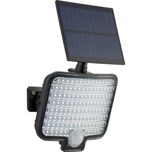 Projecteur d'extérieur solaire à LED noir avec détecteur de mouvement et panneau solaire pour montage mural.