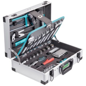 Mallette à outils en aluminium Technocraft Top Compact ouverte avec 94 outils.