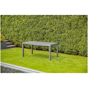 Grauer Ausziehtisch Grenada aus Aluminium, ideal für Garten und Terrasse. Tischplatte im Keramik-Look.