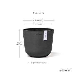 Pot de fleurs Ecopots Oslo Mini, gris foncé, 16x14cm. Design scandinave pour intérieur et extérieur.