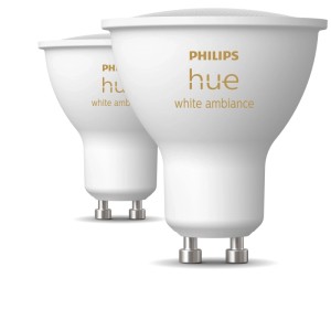 Zwei Philips Hue White Ambiance GU10 LED-Reflektorlampen, mattweiß.
