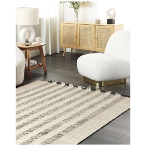 Tapis Beliani Tacettin, 160x230 cm, laine, blanc avec rayures et franges style bohème.