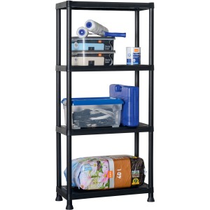 Étagère en plastique noire OBI XS-60 avec quatre tablettes, idéale pour cave, garage ou cellier.