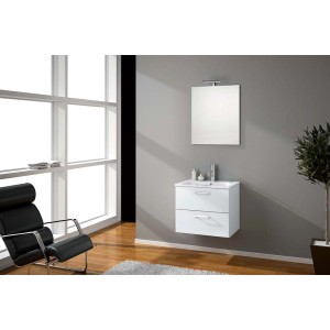 Ensemble de meubles de salle de bain NOA, laqué blanc, avec meuble sous-vasque, vasque en céramique et miroir lumineux LED.