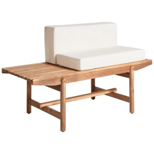 Banc de jardin Giaveno en bois d'acacia avec coussins crème. Banc en bois robuste pour le jardin.