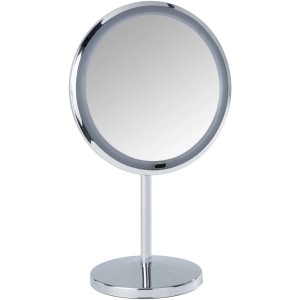 Wenko LED Specchio cosmetico Onno Chrome: Specchio rotondo illuminato con base cromata e ingrandimento 5x.