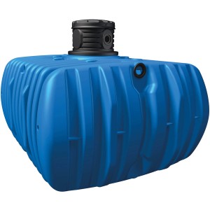 Serbatoio piatto blu 4rain Flat l da 15.000 l per l'utilizzo dell'acqua piovana in giardino, con pozzo a cupola accessibile.