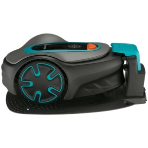 Robot tondeuse Gardena Sileno minimo 250 en gris et turquoise, vue latérale.