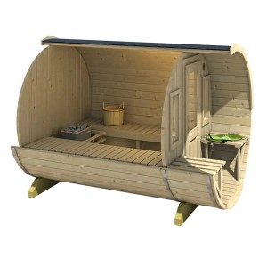Sauna tonneau FinnTherm Sam en kit : sauna en bois avec bancs, fenêtre et porche.