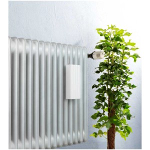 Humidificateur Wenko en céramique blanche à lignes sur radiateur, à côté d'une plante.