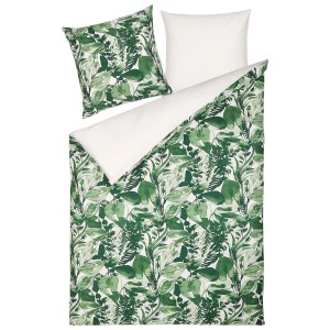 Set biancheria da letto Greenwood con motivo vegetale bianco-verde, raso di cotone, misura singola.