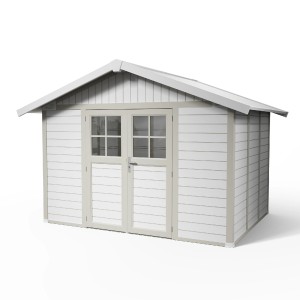 Grosfillex Kunststoff-Gartenhaus Deco H 7.5 in Graugrün mit Doppeltür.
