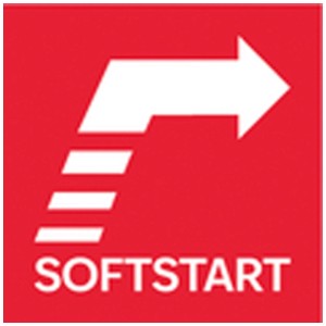 Symbole Softstart pour meuleuse d'angle sans fil Metabo. Flèche blanche et texte SOFTSTART sur fond rouge.