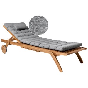 Sonnenliege Cesana aus Akazienholz mit grauer Polsterauflage, verstellbarer Rückenlehne, Rollen & Auszieh-Tablett.