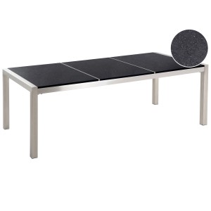 Beliani Gartentisch Grosseto mit polierter Granitplatte in Schwarz und Edelstahlgestell.