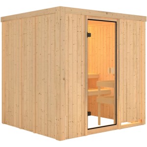 Sauna Karibu Tromsö con porta in vetro bronzato, ingresso frontale. Sauna in legno massello per interni.