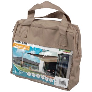 Voile d'ombrage Windhager Cannes triangle taupe 3x3x3m emballée dans un sac.
