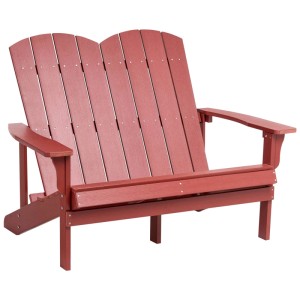 Banc de jardin Beliani Adirondack rouge en bois synthétique, aspect bois, pour 2 personnes. Résistant aux UV, accoudoirs larges.