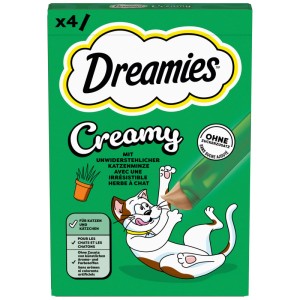 Paquet vert Dreamies Creamy friandises pour chat avec chat léchant la crème à la menthe. 4x10g, sans sucre ajouté.