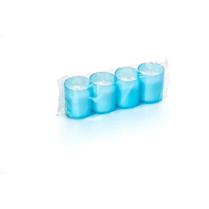 4 bougies de fête bleu clair style photophore, Ø 5cm, hauteur 6cm, emballées.