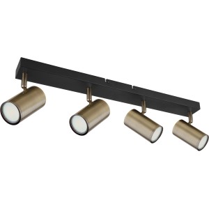 Faretto Globo Robby, 4 luci, nero opaco con spot color ottone antico.