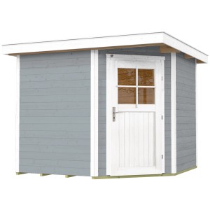 Casetta da giardino in legno weka Angolo B grigia con tetto piatto e porta bianca, 239x235 cm.