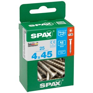 Confezione di viti Spax in acciaio inox A2, 4x45 mm, 25 pz, antiruggine, con attacco T-Star plus.