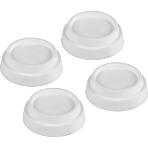 Quatre amortisseurs de vibrations blancs (Ø 6,4 cm) pour lave-linge et sèche-linge.