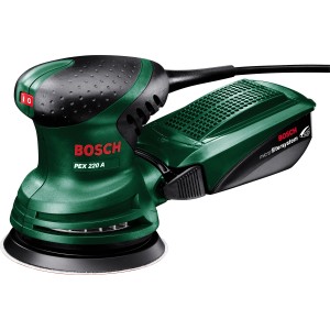 Ponceuse excentrique Bosch PEX 220 A, outil vert avec boîtier à poussière.