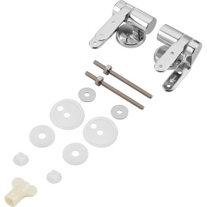 Set di fissaggio baliv per sedili WC con chiusura ammortizzata, composto da cerniere, viti e rondelle.