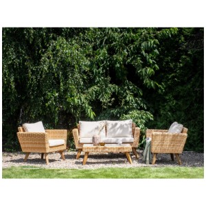 Beliani Ensemble de salon de jardin Vittoria, 3 pièces, en résine tressée naturelle, avec table et coussins crème.