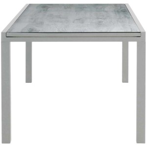 Ausziehbarer Gartentisch Monta mit Keramiklook-Tischplatte und silbernem Aluminiumgestell.