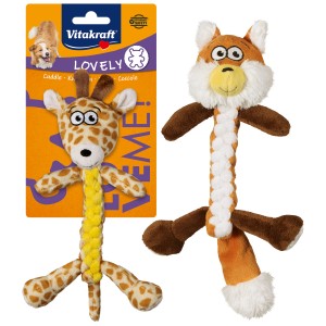 Vitakraft Knotentier Fuchs/Giraffe, Plüsch-Hundespielzeug mit Quietscher.