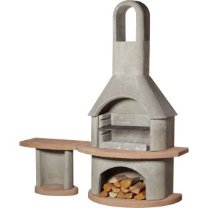 Barbecue-cheminée Buschbeck Carmen avec table, gris-terre cuite, en béton avec rangement pour charbon.