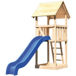 Tour de jeu en bois Karibu Lotti avec toboggan bleu et toit à deux pentes.